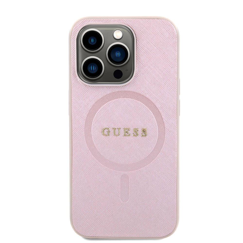Apple iPhone 15 Case Guess Original Licensed M-safe Charging Feature Saffiano Cover Pink with Text Logo