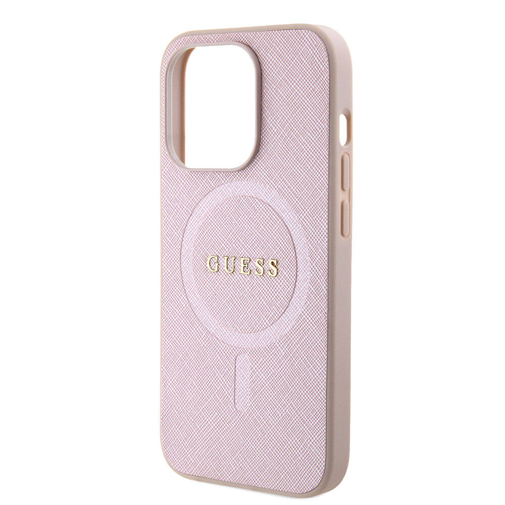 Apple iPhone 15 Case Guess Original Licensed M-safe Charging Feature Saffiano Cover Pink with Text Logo