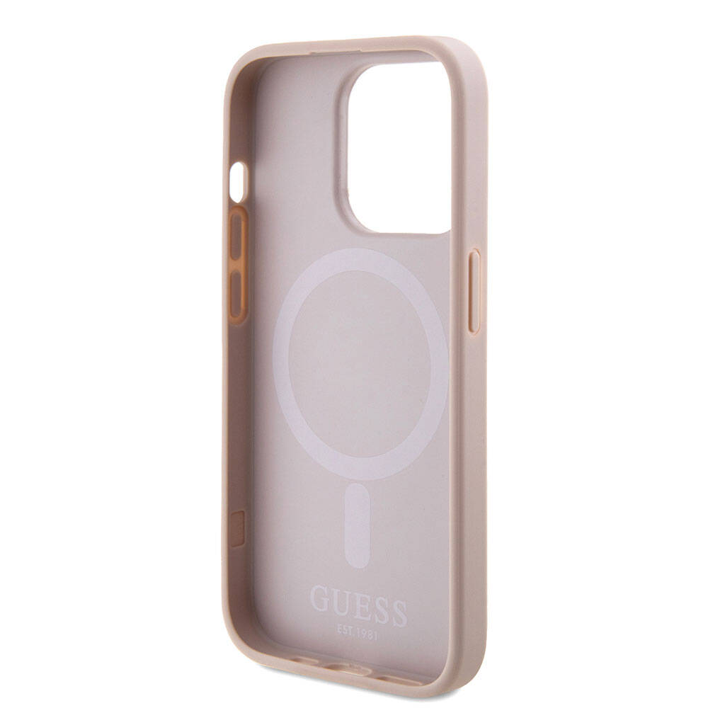 Apple iPhone 15 Case Guess Original Licensed M-safe Charging Feature Saffiano Cover Pink with Text Logo
