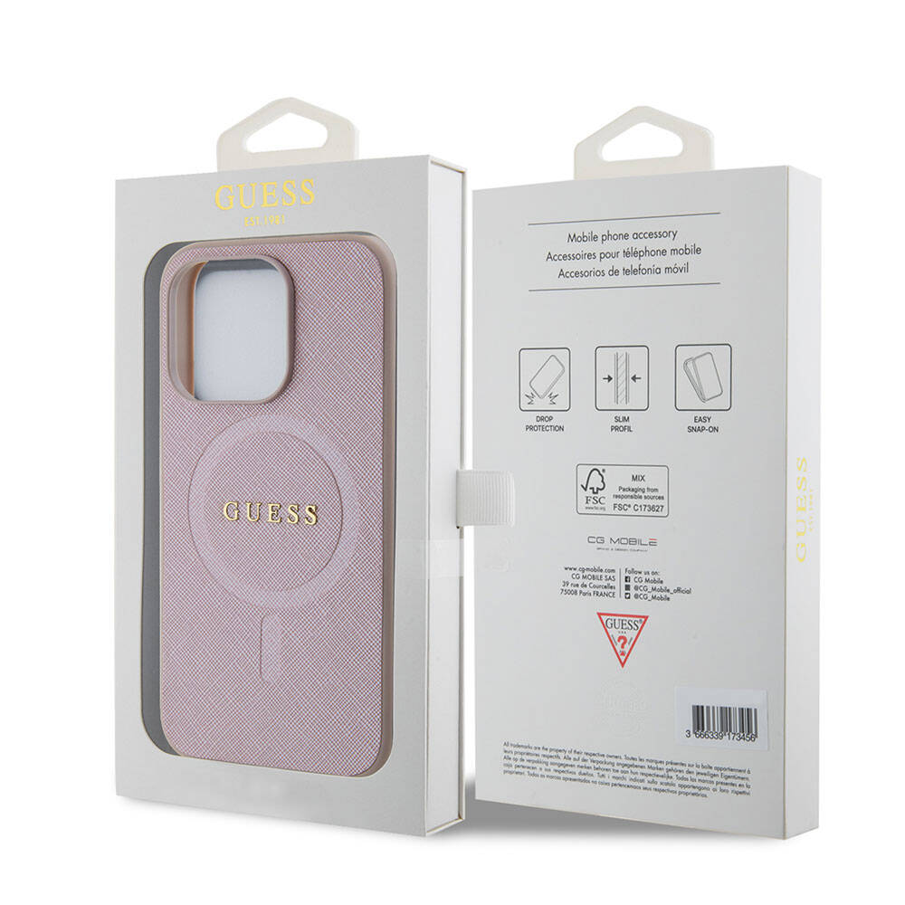 Apple iPhone 15 Case Guess Original Licensed M-safe Charging Feature Saffiano Cover Pink with Text Logo