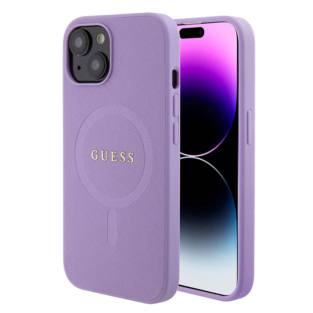 Apple iPhone 15 Case Guess Original Licensed M-safe Charging Feature Saffiano Cover Pink with Text Logo