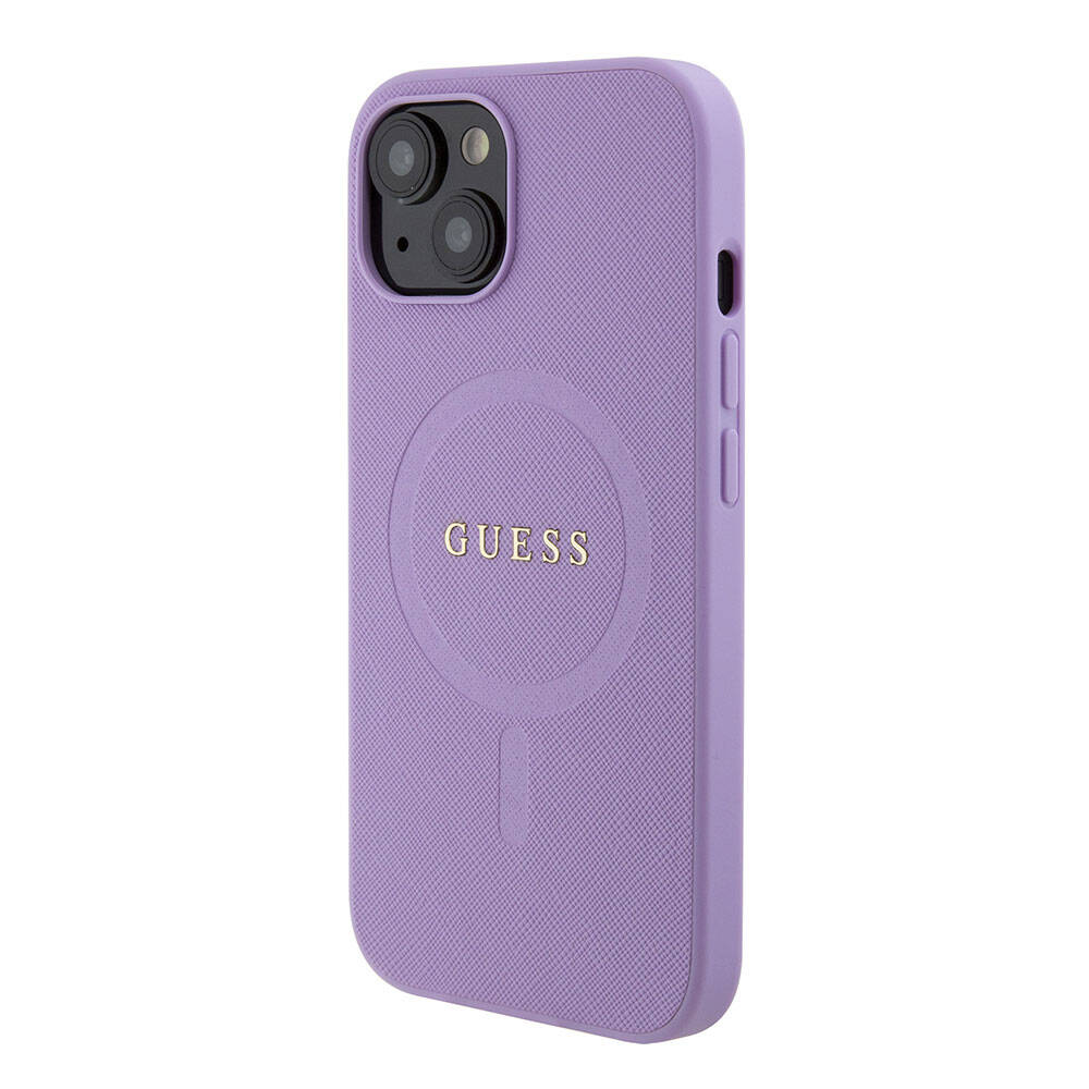 Apple iPhone 15 Case Guess Original Licensed M-safe Charging Feature Saffiano Cover Pink with Text Logo