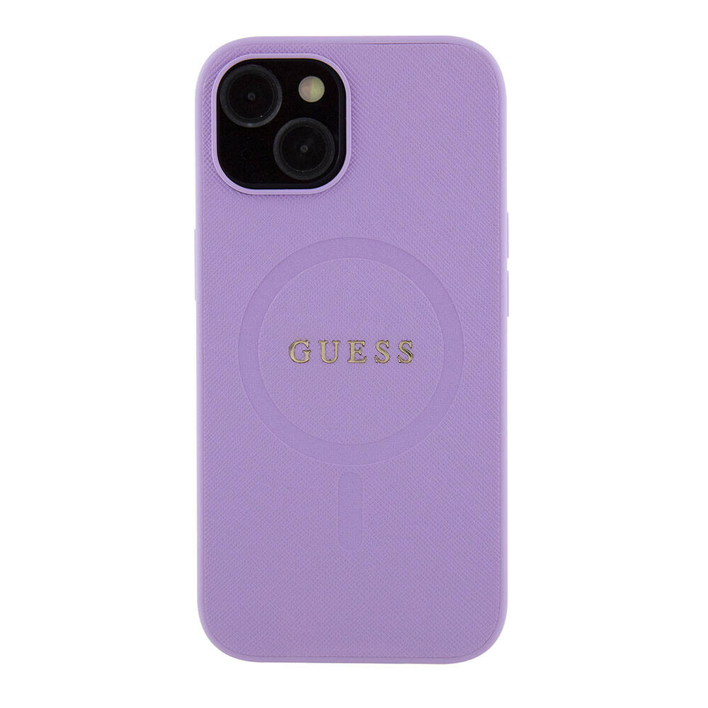 Apple iPhone 15 Case Guess Original Licensed M-safe Charging Feature Saffiano Cover Pink with Text Logo