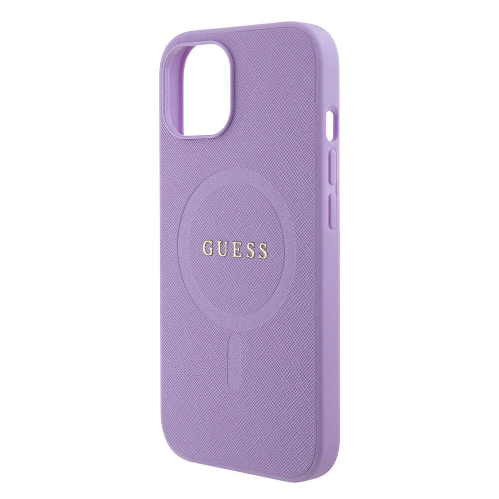 Apple iPhone 15 Case Guess Original Licensed M-safe Charging Feature Saffiano Cover Pink with Text Logo