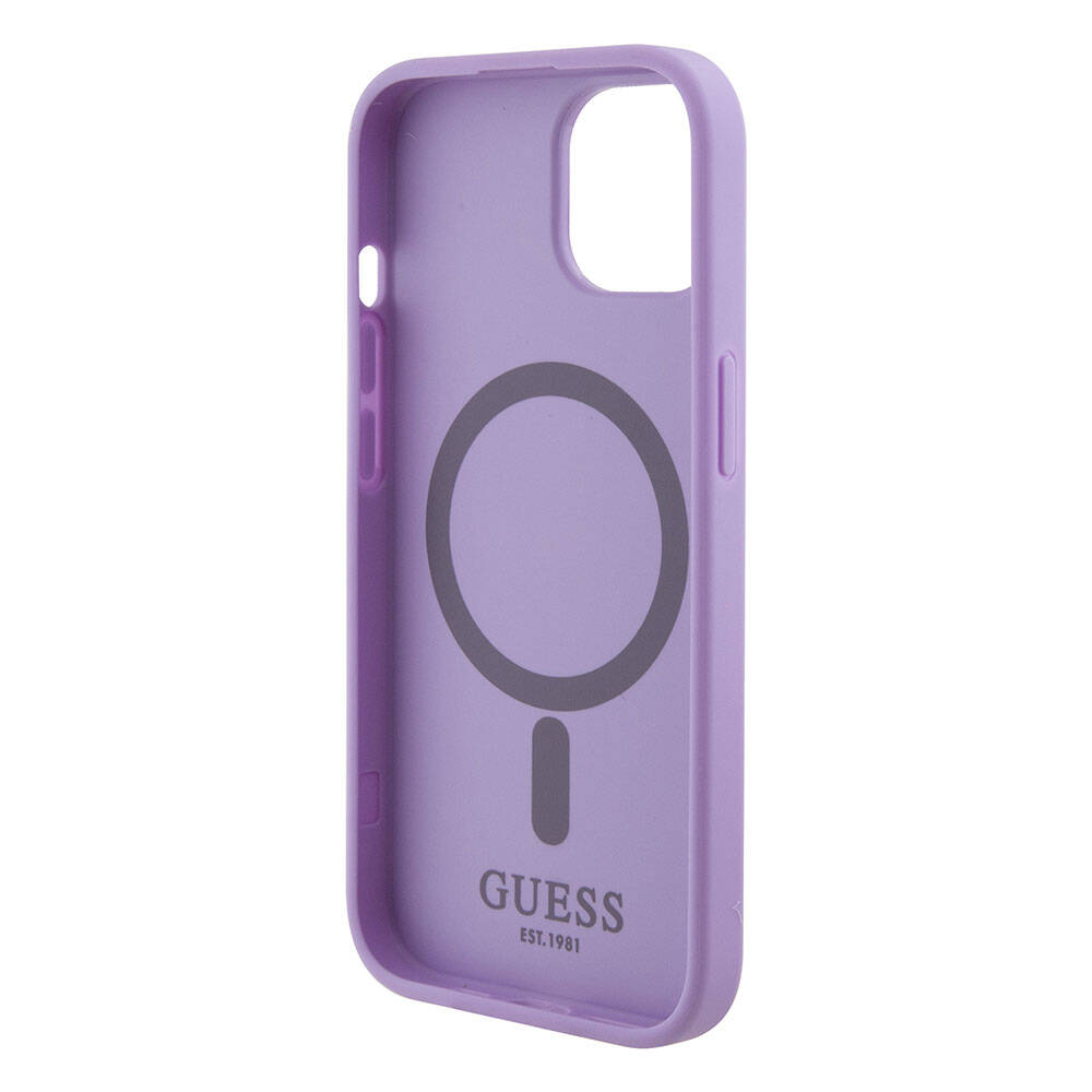 Apple iPhone 15 Case Guess Original Licensed M-safe Charging Feature Saffiano Cover Pink with Text Logo