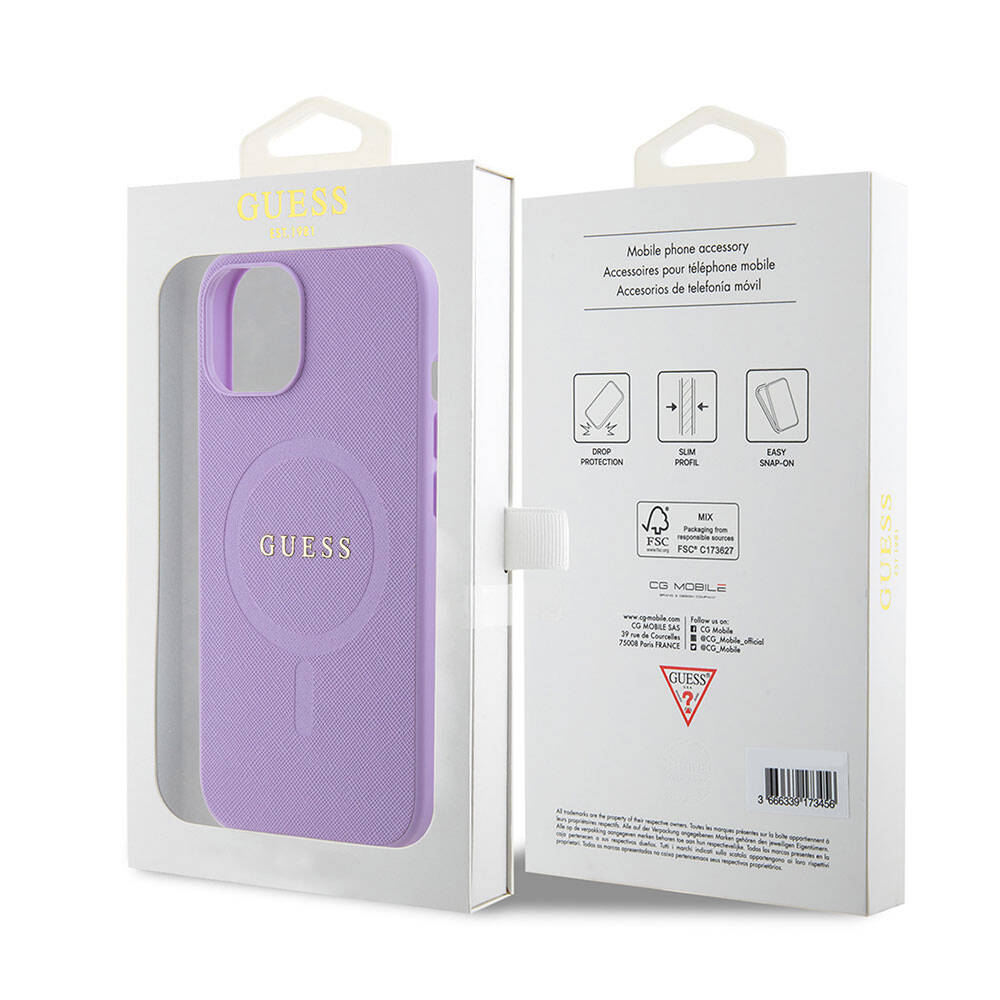 Apple iPhone 15 Case Guess Original Licensed M-safe Charging Feature Saffiano Cover Pink with Text Logo