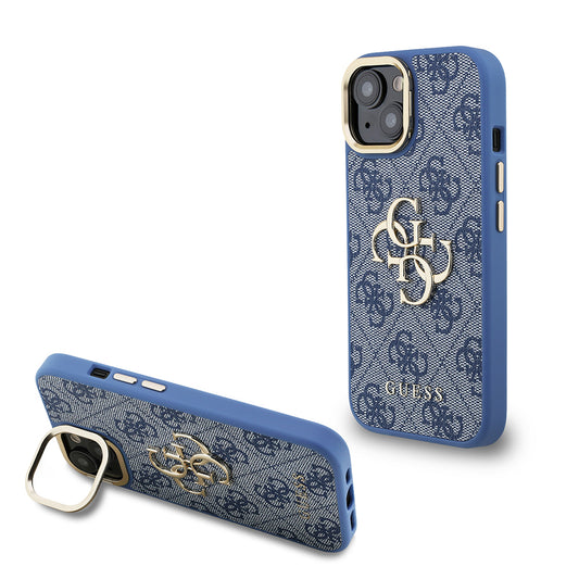 Apple iPhone 15 Kılıf Guess Orjinal Lisanslı PU Deri 4G Desenli Metal Büyük 4G ve Yazı Logolu Kamera Standlı Kapak Mavi