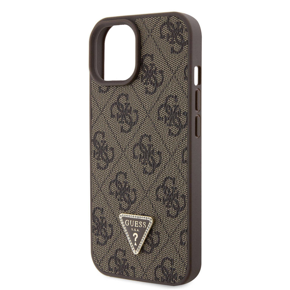 Apple iPhone 15 Case Guess Original Licensed PU Leather Strap Stone Triangle Logo 4G Patterned Strass Crossbody Cover Brown