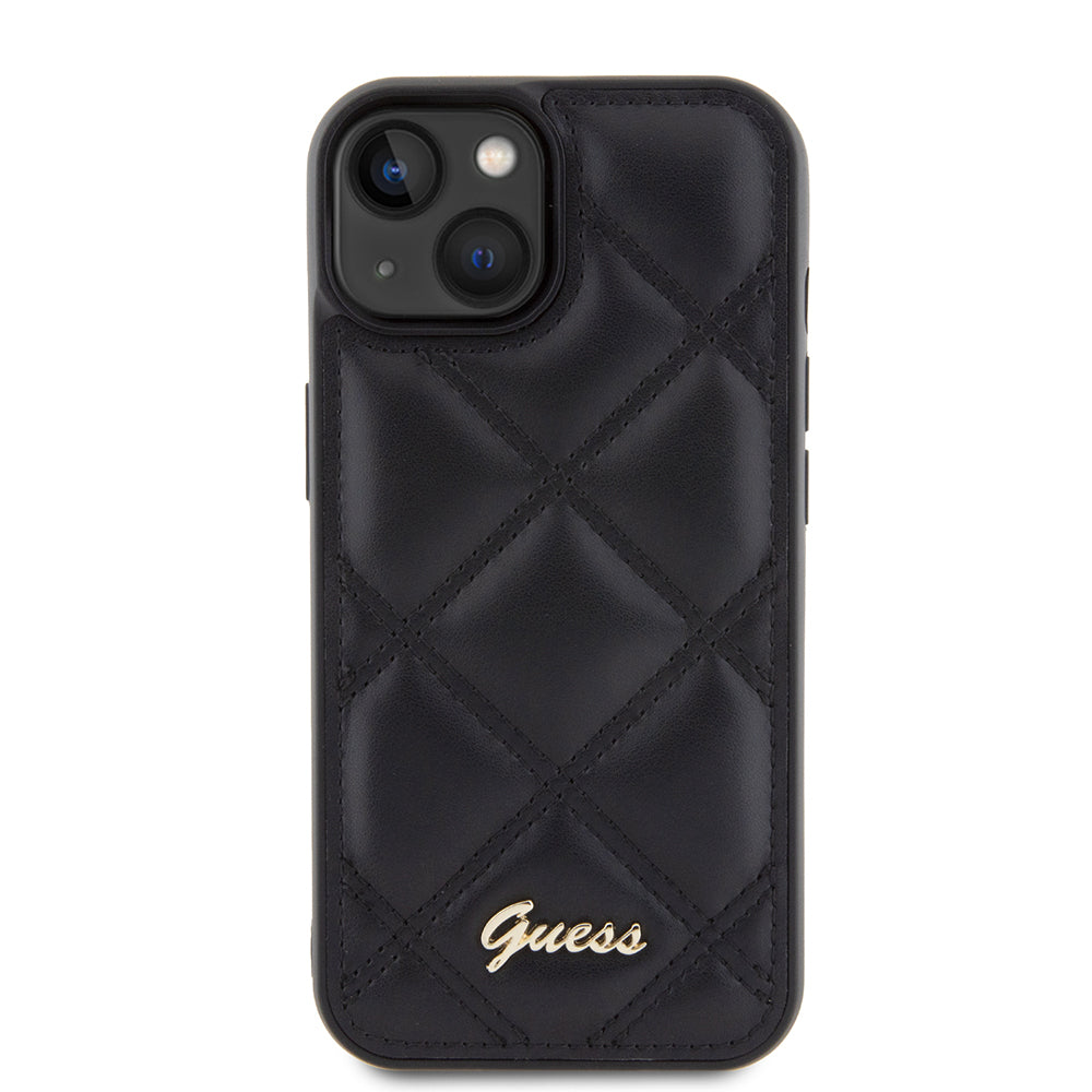Apple iPhone 15 Kılıf Guess Orjinal Lisanslı PU Deri Metal Yazı Logolu Kapitone Kapak Siyah
