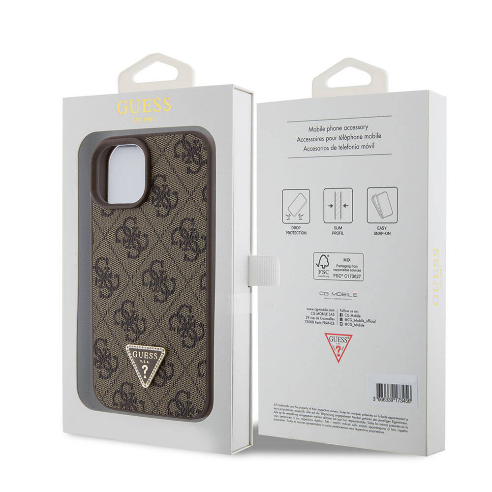 Apple iPhone 15 Case Guess Original Licensed PU Leather Stone Triangle Logo 4G Patterned Strass Cover Brown