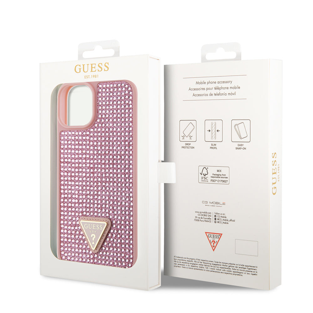 Apple iPhone 15 Case Guess Original Licensed Stone Back Surface Triangle Logo Cover Pink