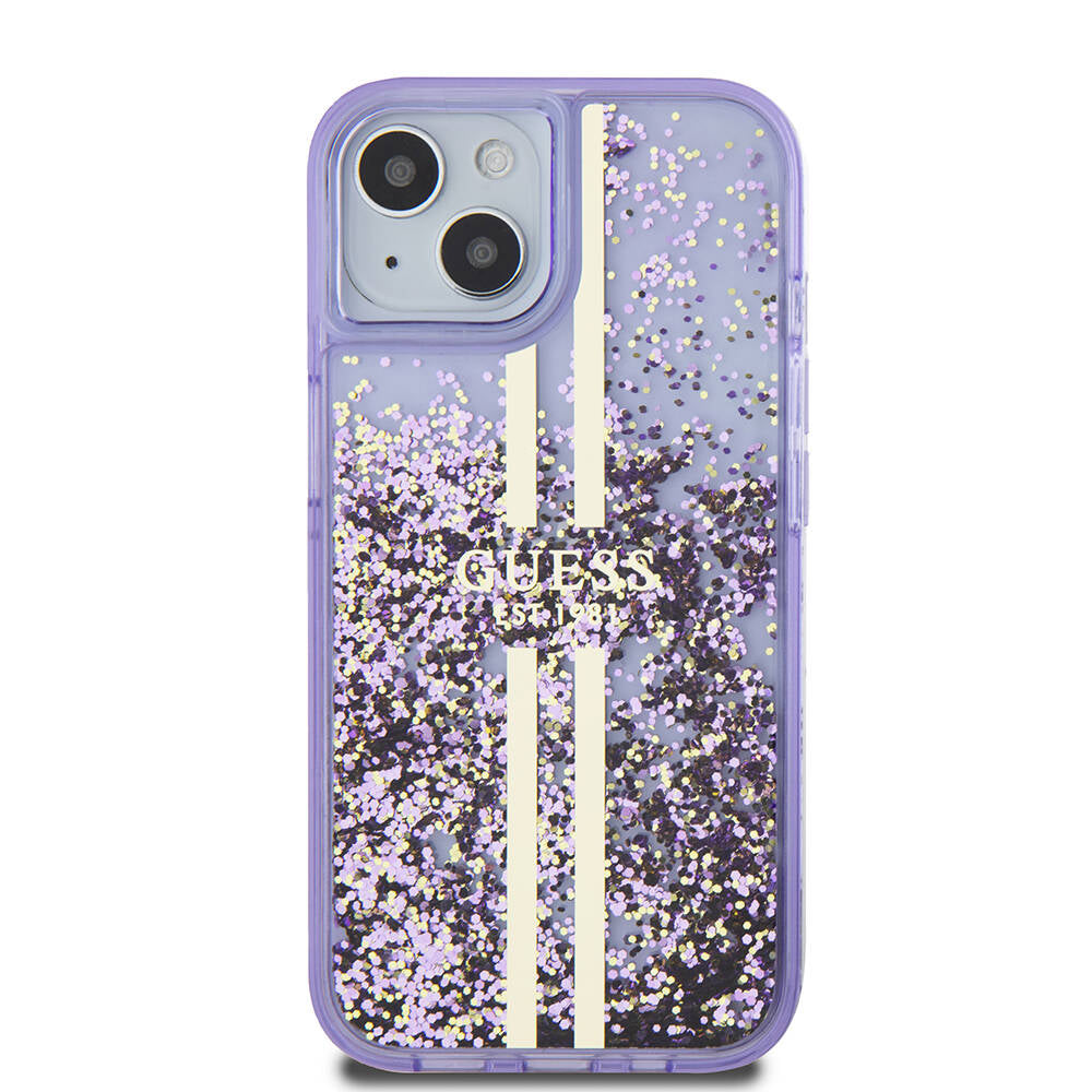 Apple iPhone 15 Case Guess Original Licensed Transparent Liquid Glitter Gold Striped Cover Purple