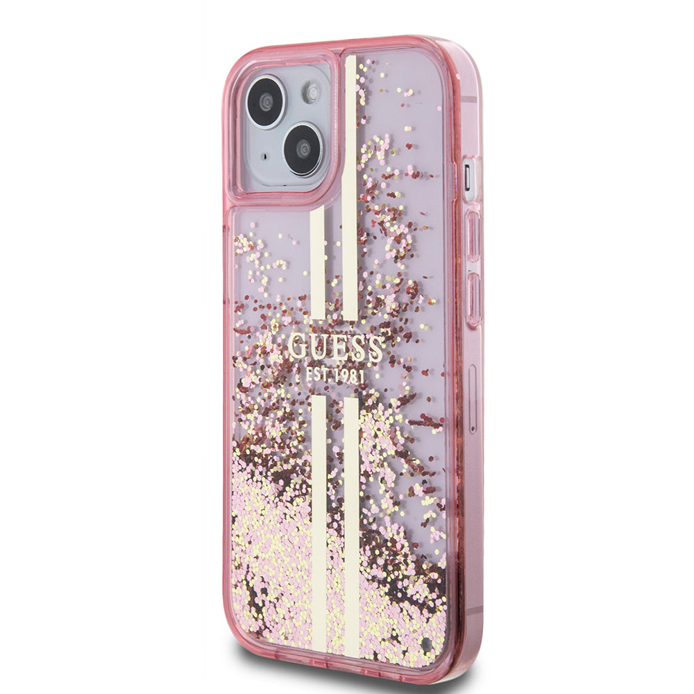Apple iPhone 15 Case Guess Original Licensed Transparent Liquid Glitter Gold Striped Cover Purple