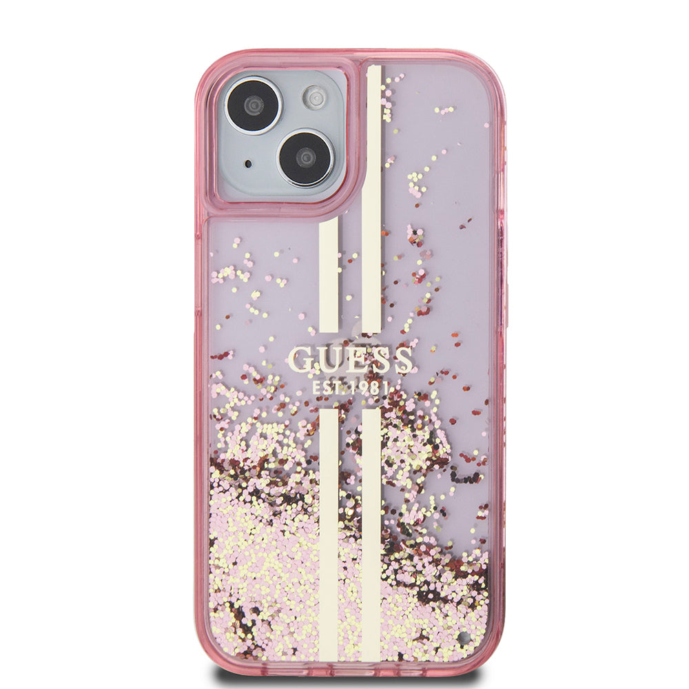 Apple iPhone 15 Case Guess Original Licensed Transparent Liquid Glitter Gold Striped Cover Purple