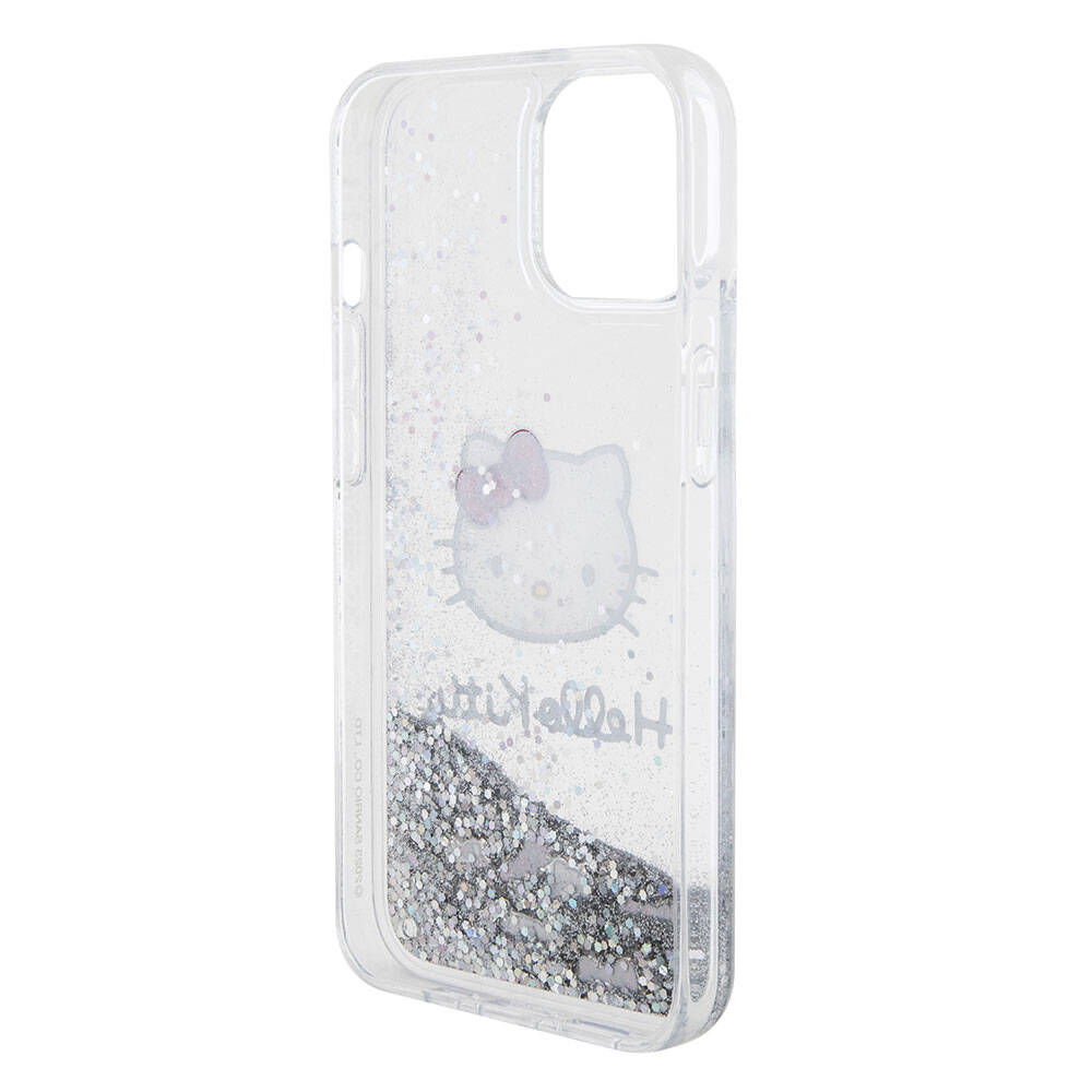Apple iPhone 15 Kılıf Hello Kitty Orjinal Lisanslı İkonik Sıvılı Glitter Kapak Renksiz