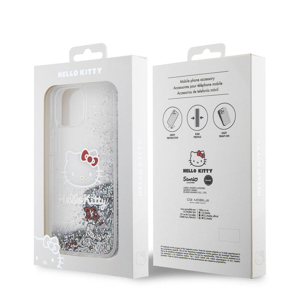 Apple iPhone 15 Kılıf Hello Kitty Orjinal Lisanslı İkonik Sıvılı Glitter Kapak Renksiz