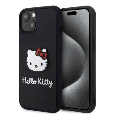 Apple iPhone 15 Kılıf Hello Kitty Orjinal Lisanslı Yazı ve İkonik Logolu 3D Rubber Kitty Head Kapak Siyah