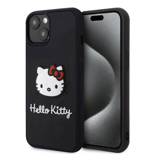 Apple iPhone 15 Kılıf Hello Kitty Orjinal Lisanslı Yazı ve İkonik Logolu 3D Rubber Kitty Head Kapak Siyah