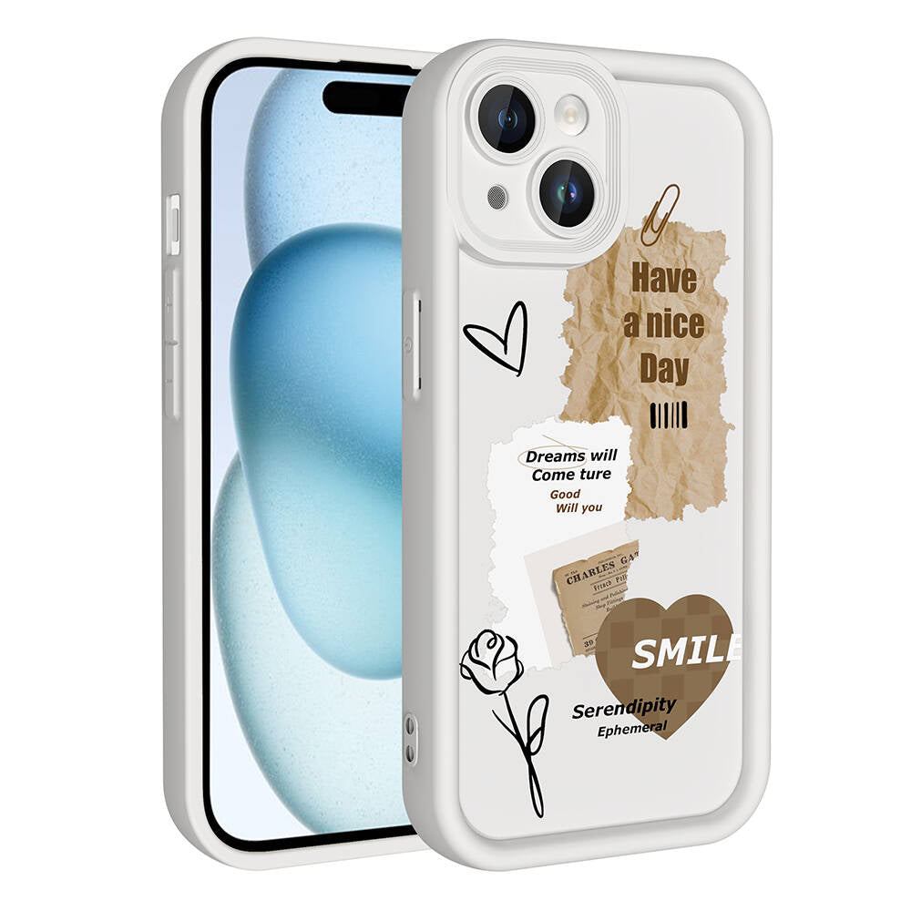 Apple iPhone 15 Case Camera Protection Printed Back Surface Zore Classy Cover White