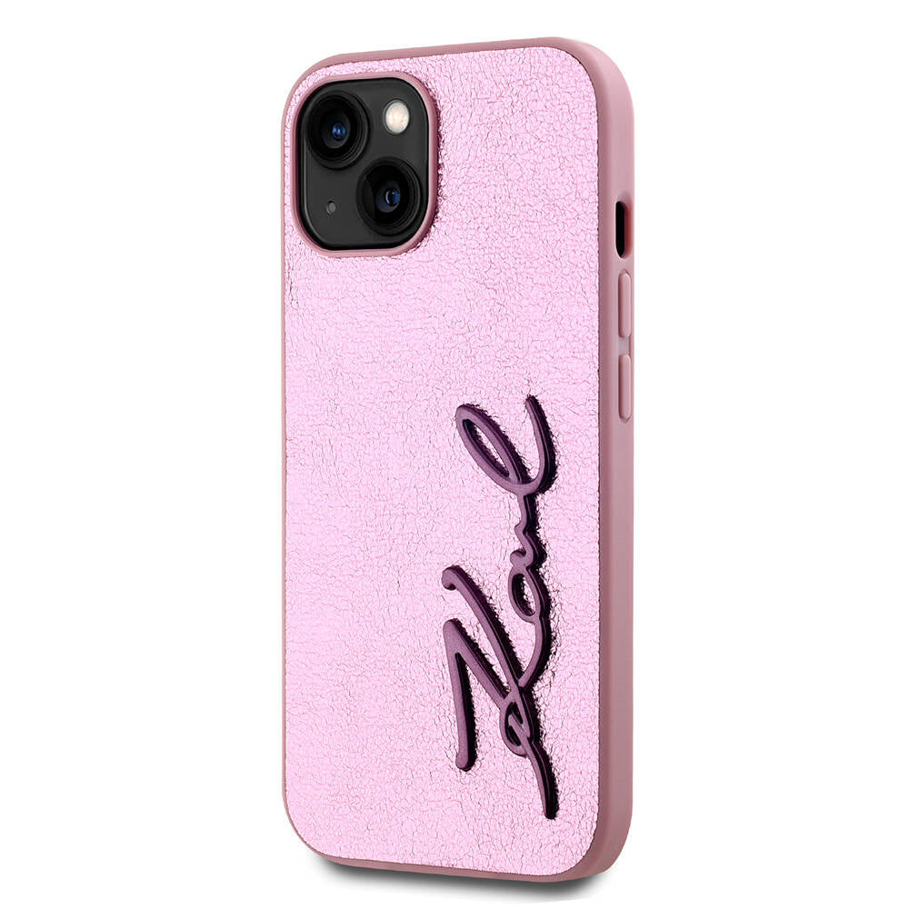 Apple iPhone 15 Case Karl Lagerfeld Original Licensed 3D KL Printed Feathered Back Surface Saffiano Rhinestones Cover Pink