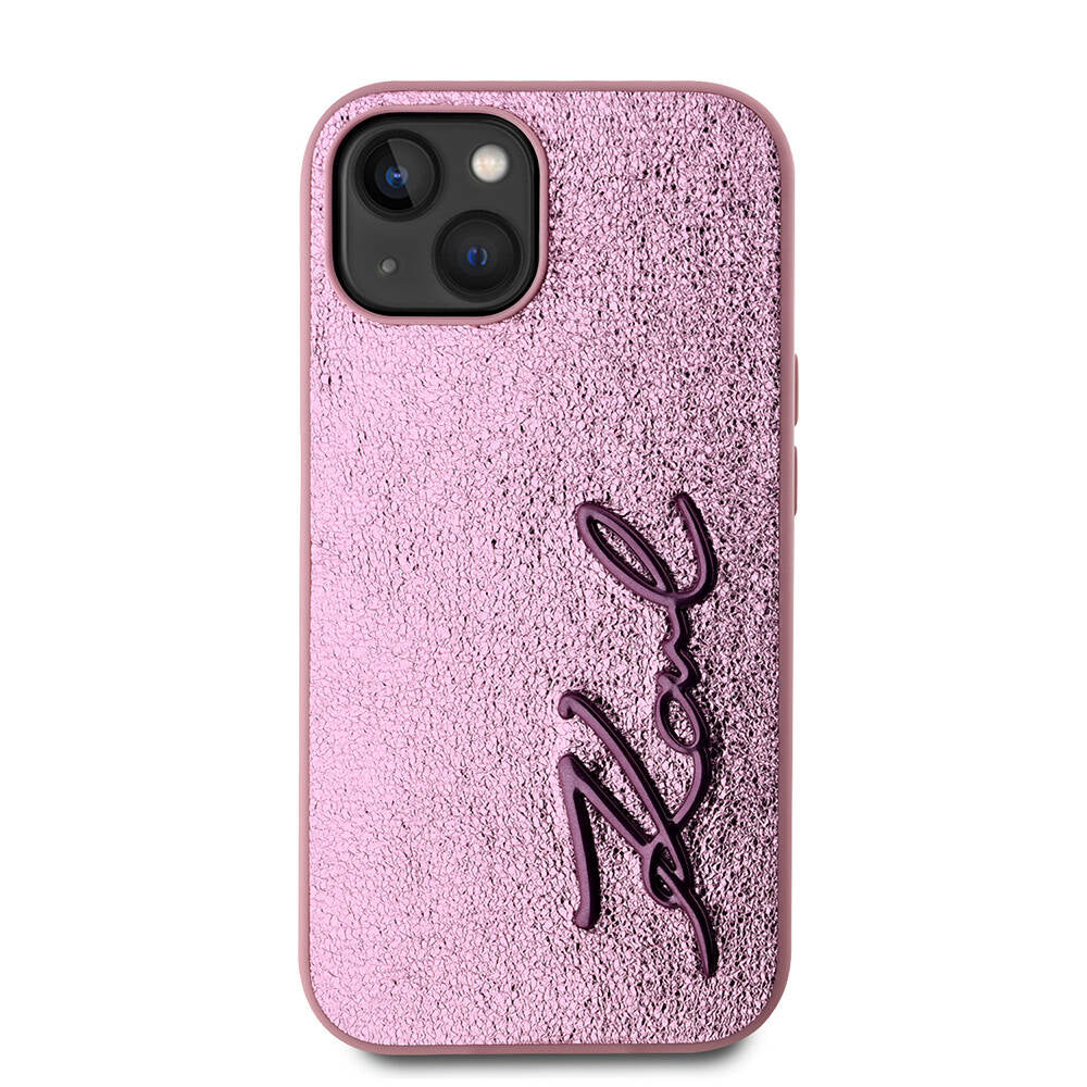 Apple iPhone 15 Case Karl Lagerfeld Original Licensed 3D KL Printed Feathered Back Surface Saffiano Rhinestones Cover Pink