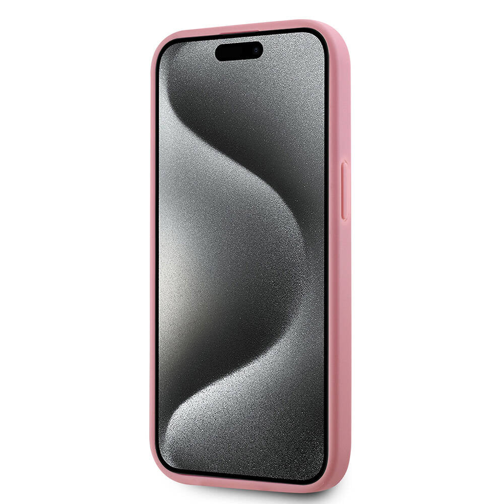 Apple iPhone 15 Case Karl Lagerfeld Original Licensed 3D KL Printed Feathered Back Surface Saffiano Rhinestones Cover Pink