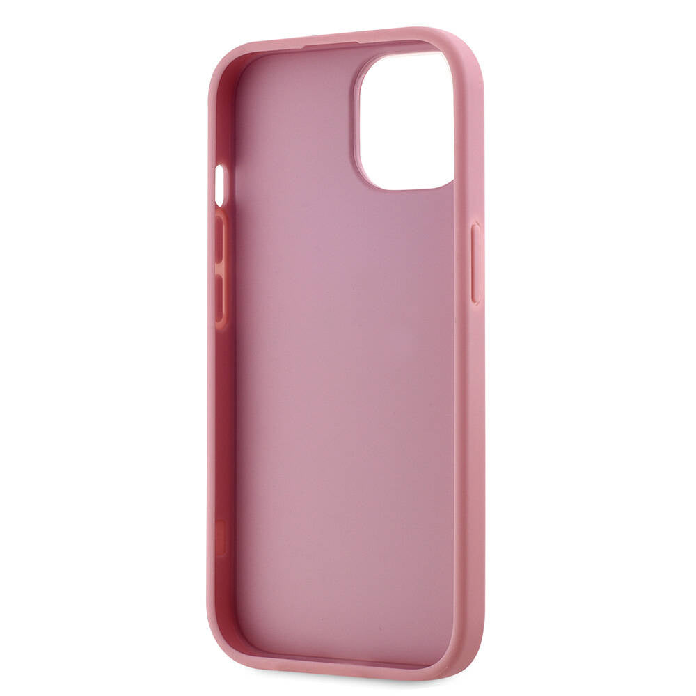 Apple iPhone 15 Case Karl Lagerfeld Original Licensed 3D KL Printed Feathered Back Surface Saffiano Rhinestones Cover Pink