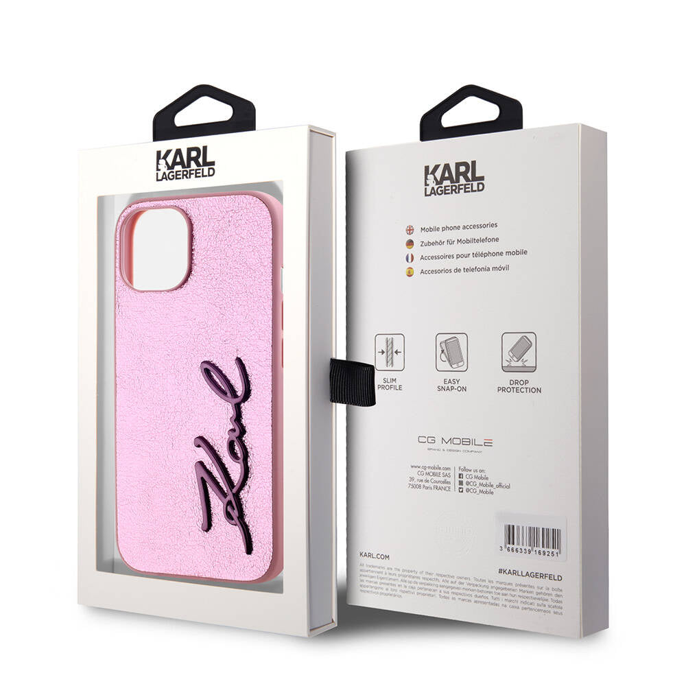 Apple iPhone 15 Case Karl Lagerfeld Original Licensed 3D KL Printed Feathered Back Surface Saffiano Rhinestones Cover Pink