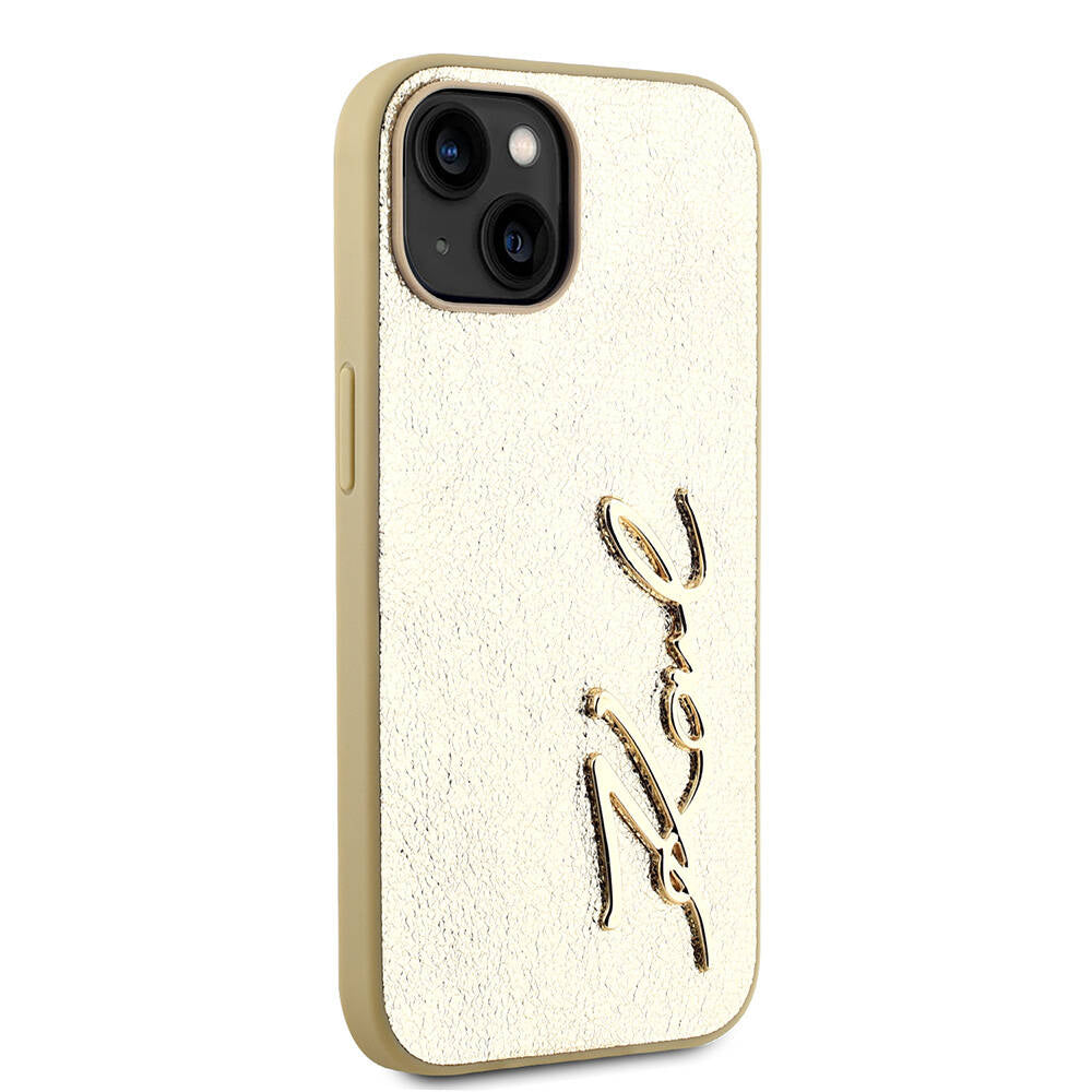 Apple iPhone 15 Case Karl Lagerfeld Original Licensed 3D KL Printed Feathered Back Surface Saffiano Rhinestones Cover Pink