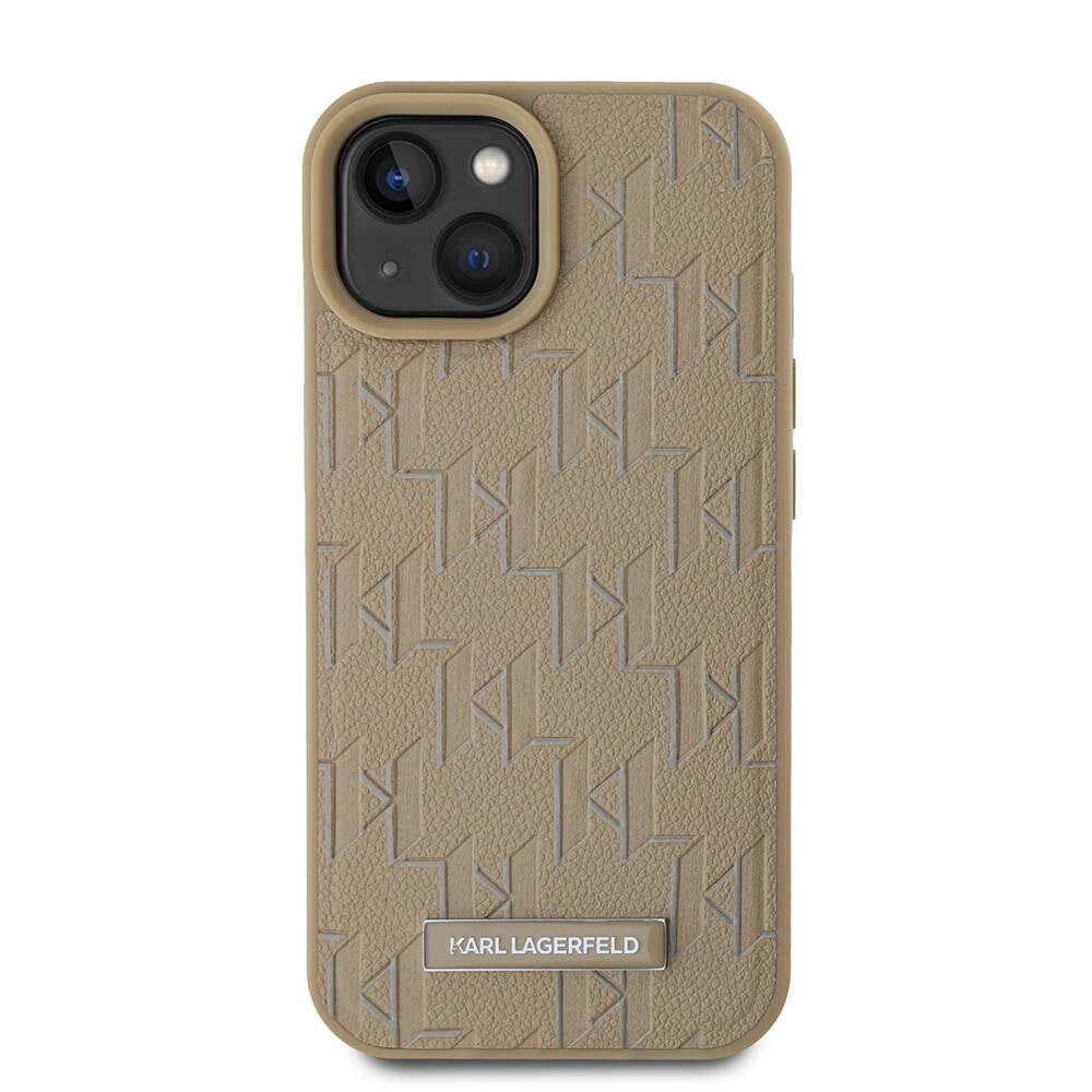 Apple iPhone 15 Case Karl Lagerfeld Original Licensed M-Safe Charging Feature KL Printed Hot Stamp Cover Cream