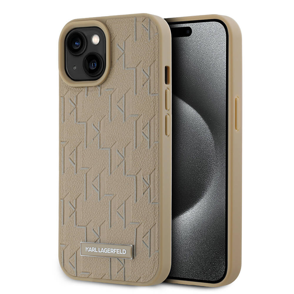 Apple iPhone 15 Case Karl Lagerfeld Original Licensed M-Safe Charging Feature KL Printed Hot Stamp Cover Cream