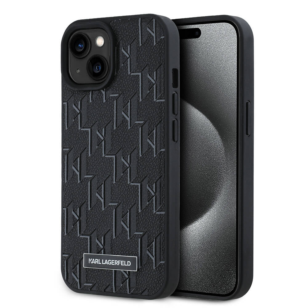 Apple iPhone 15 Case Karl Lagerfeld Original Licensed M-Safe Charging Feature KL Printed Hot Stamp Cover Black