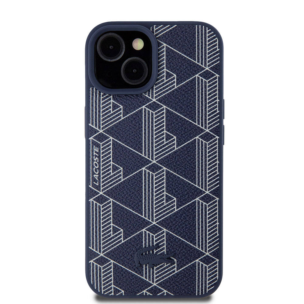Apple iPhone 15 Case Lacoste Original Licensed M-Safe Charging Feature PU Leather Look Mixed Monogram Patterned Cover Navy Blue