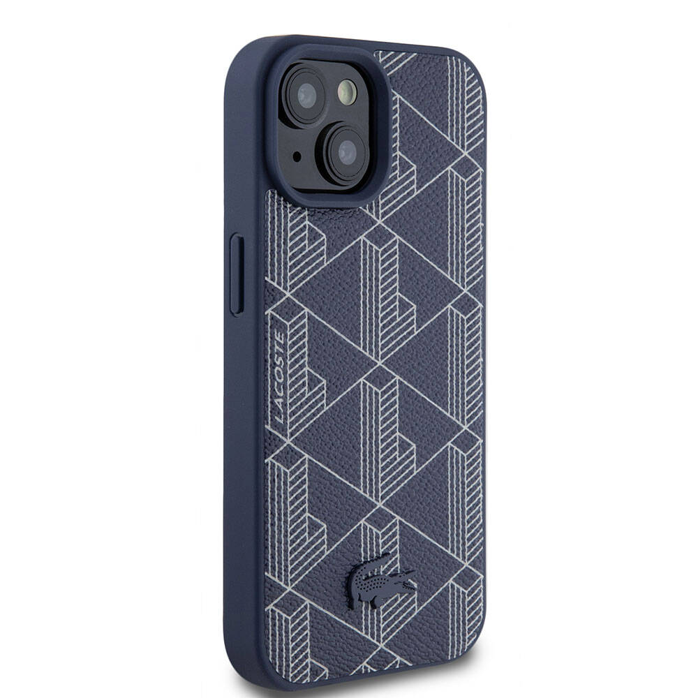 Apple iPhone 15 Case Lacoste Original Licensed M-Safe Charging Feature PU Leather Look Mixed Monogram Patterned Cover Navy Blue