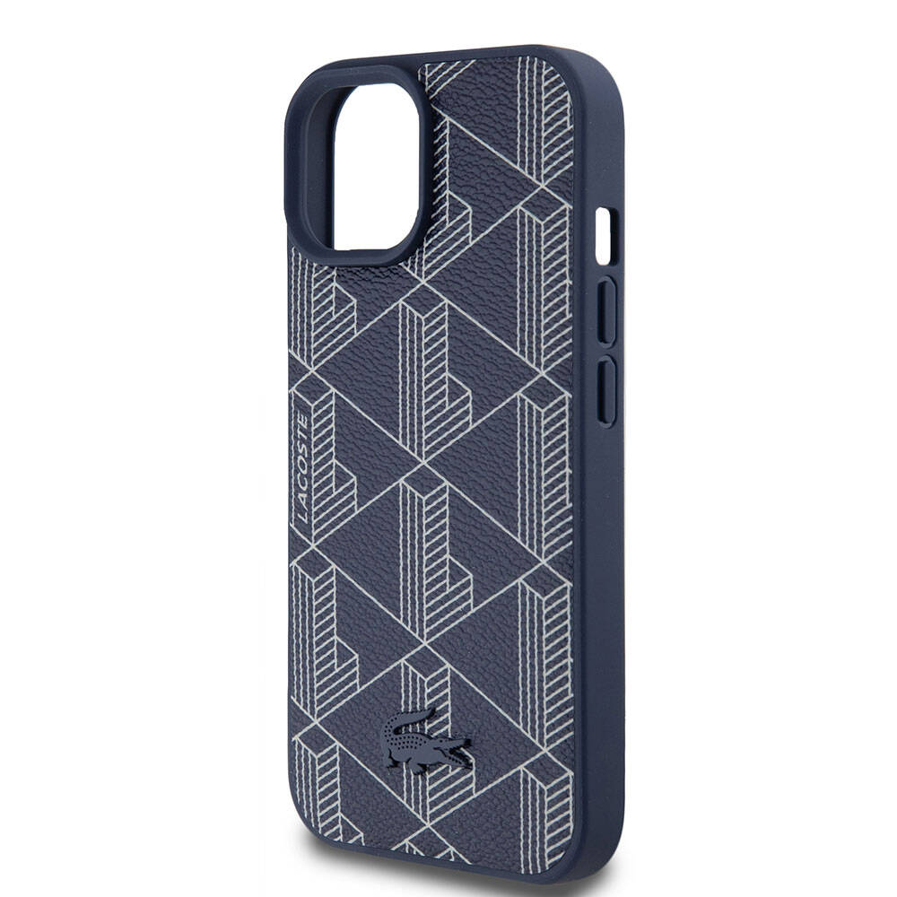 Apple iPhone 15 Case Lacoste Original Licensed M-Safe Charging Feature PU Leather Look Mixed Monogram Patterned Cover Navy Blue