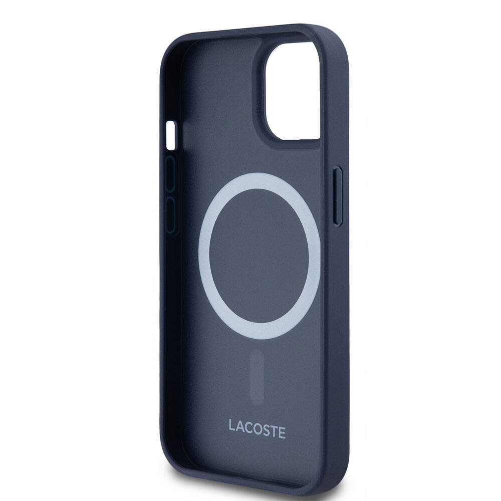 Apple iPhone 15 Case Lacoste Original Licensed M-Safe Charging Feature PU Leather Look Mixed Monogram Patterned Cover Navy Blue