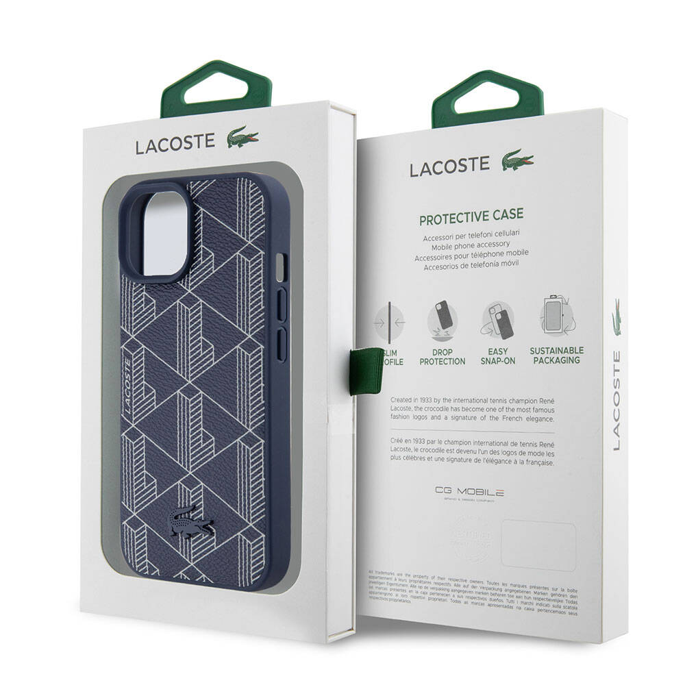 Apple iPhone 15 Case Lacoste Original Licensed M-Safe Charging Feature PU Leather Look Mixed Monogram Patterned Cover Navy Blue