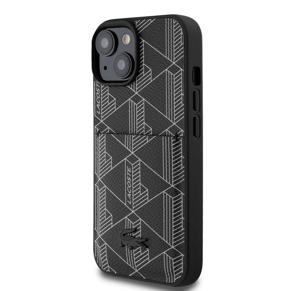 Apple iPhone 15 Kılıf Lacoste Orjinal Lisanslı M-safe Şarj Özellikli PU Deri Görünümlü Kartlıklı Karışık Monogram Desenli Kapak Siyah