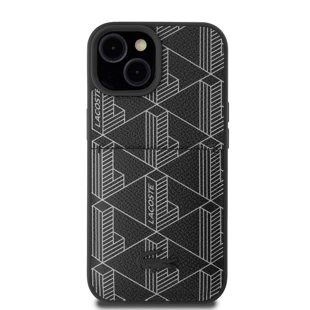 Apple iPhone 15 Case Lacoste Original Licensed M-Safe Charging Function PU Leather Look Card Holder Mixed Monogram Pattern Cover Navy Blue