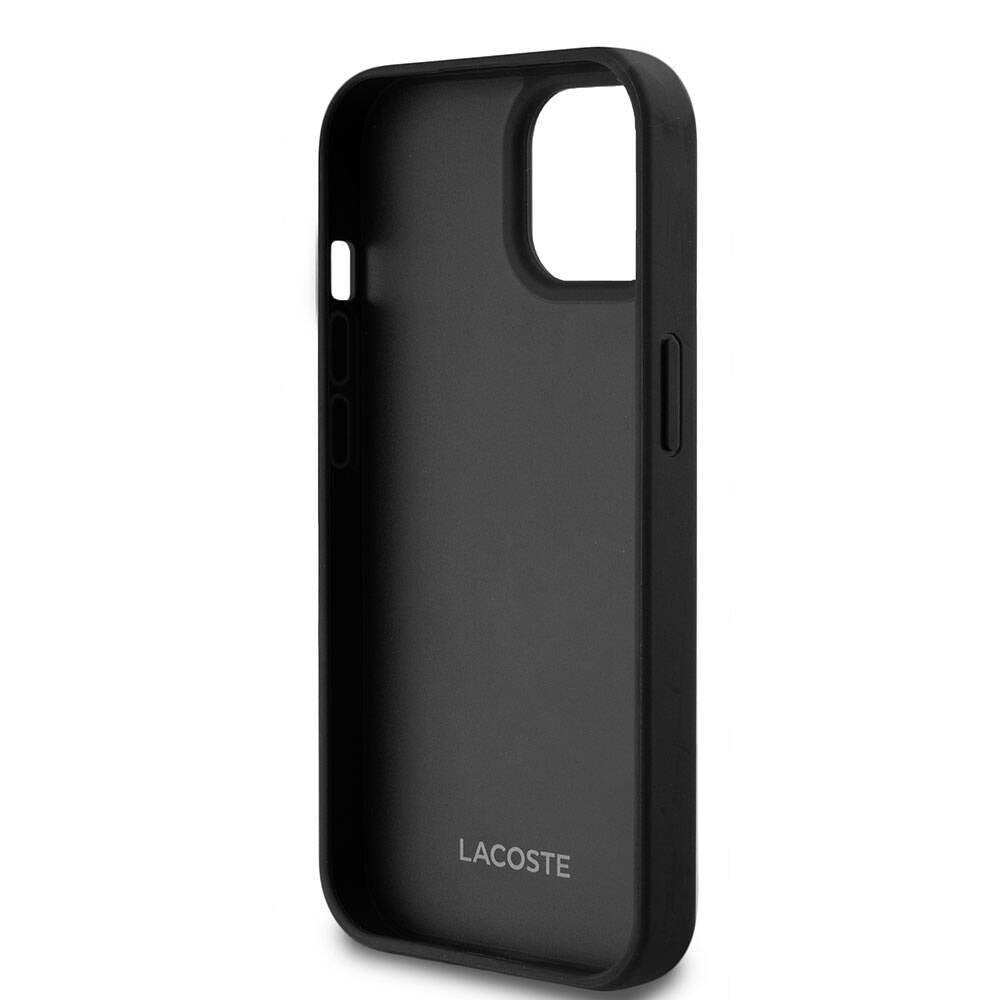 Apple iPhone 15 Kılıf Lacoste Orjinal Lisanslı M-safe Şarj Özellikli PU Deri Görünümlü Kartlıklı Karışık Monogram Desenli Kapak Siyah