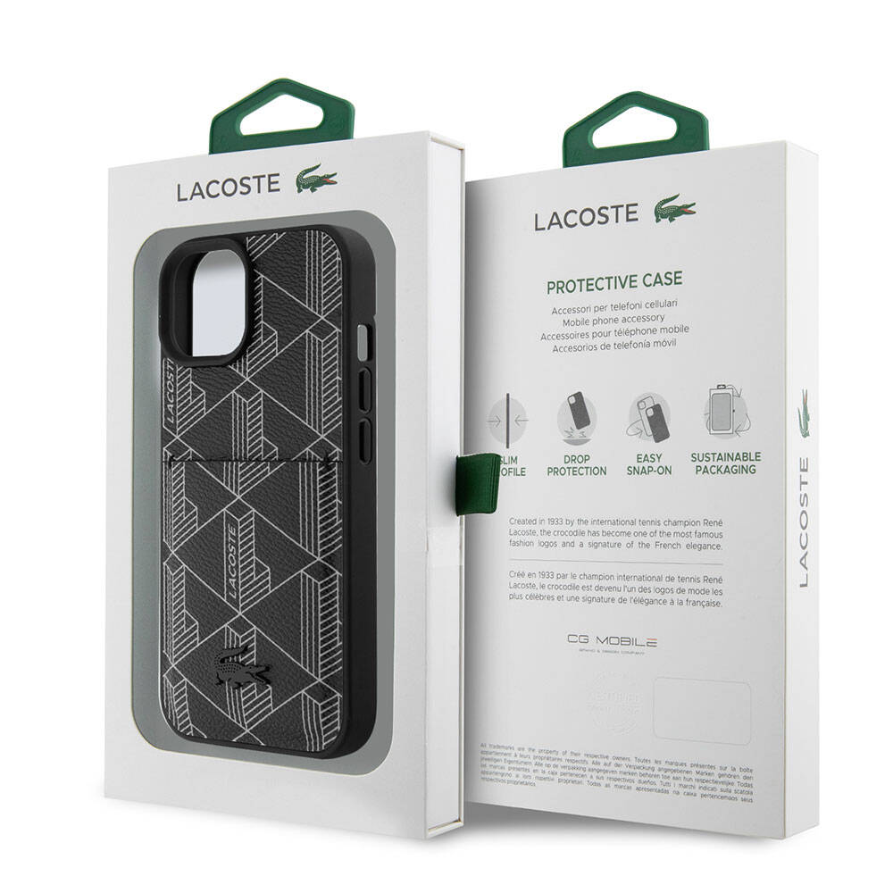 Apple iPhone 15 Kılıf Lacoste Orjinal Lisanslı M-safe Şarj Özellikli PU Deri Görünümlü Kartlıklı Karışık Monogram Desenli Kapak Siyah