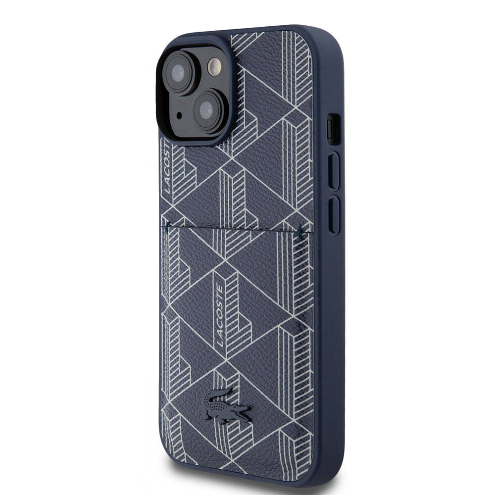 Apple iPhone 15 Case Lacoste Original Licensed M-Safe Charging Function PU Leather Look Card Holder Mixed Monogram Pattern Cover Navy Blue