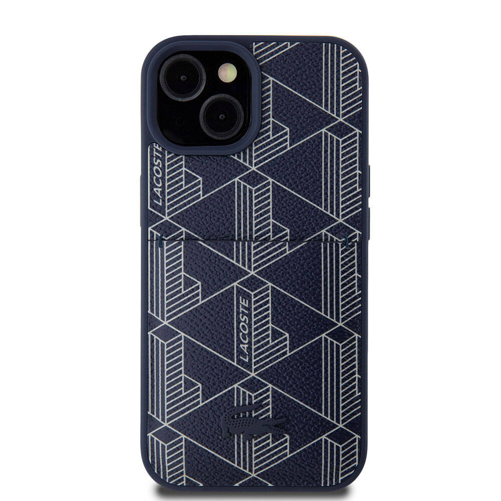 Apple iPhone 15 Case Lacoste Original Licensed M-Safe Charging Function PU Leather Look Card Holder Mixed Monogram Pattern Cover Navy Blue