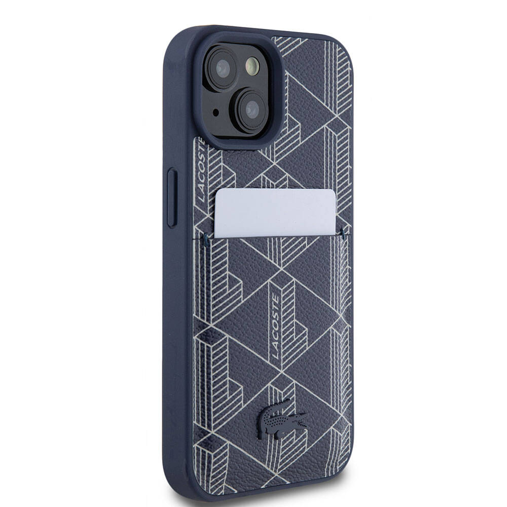Apple iPhone 15 Case Lacoste Original Licensed M-Safe Charging Function PU Leather Look Card Holder Mixed Monogram Pattern Cover Navy Blue