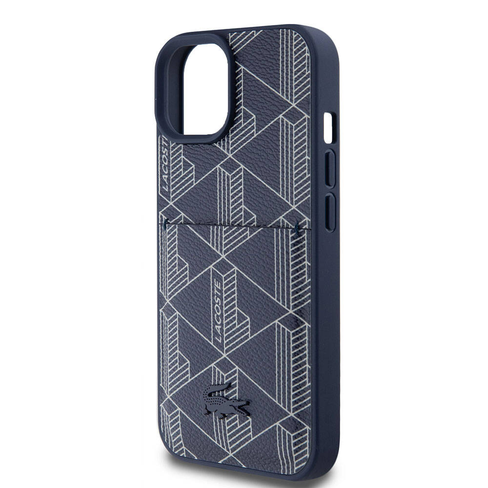 Apple iPhone 15 Case Lacoste Original Licensed M-Safe Charging Function PU Leather Look Card Holder Mixed Monogram Pattern Cover Navy Blue