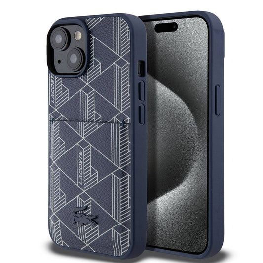 Apple iPhone 15 Kılıf Lacoste Orjinal Lisanslı M-safe Şarj Özellikli PU Deri Görünümlü Kartlıklı Karışık Monogram Desenli Kapak