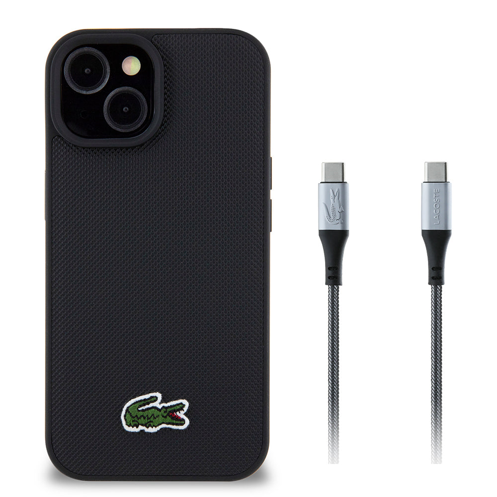 Apple iPhone 15 Kılıf Lacoste Orjinal Lisanslı PU Pike Desenli Arka Yüzey İkonik Timsah Dokuma Logolu Kapak + Type-C Kablo 1.5m Siyah