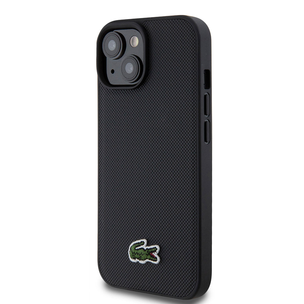 Apple iPhone 15 Case Lacoste Original Licensed PU Pique Patterned Back Surface Iconic Crocodile Woven Logo Cover + Type-C Cable 1.5m Black