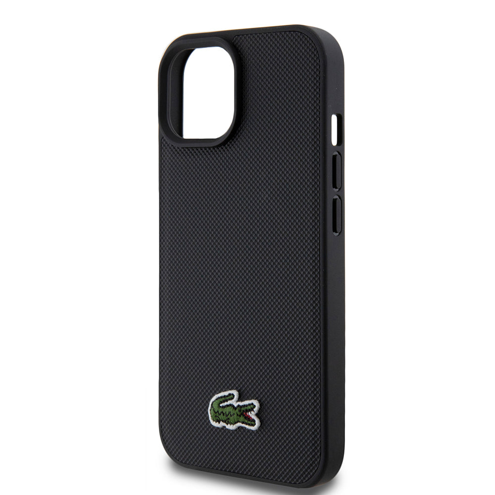 Apple iPhone 15 Case Lacoste Original Licensed PU Pique Patterned Back Surface Iconic Crocodile Woven Logo Cover + Type-C Cable 1.5m Black