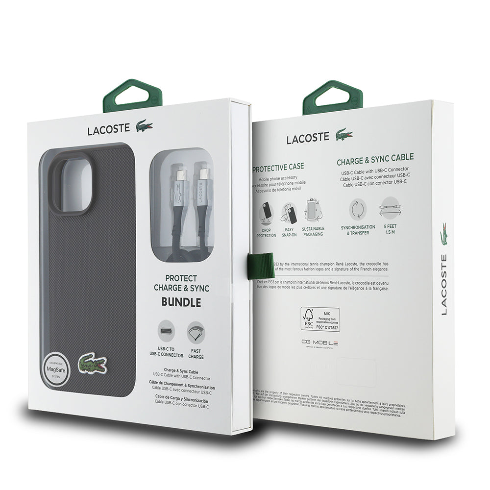 Apple iPhone 15 Kılıf Lacoste Orjinal Lisanslı PU Pike Desenli Arka Yüzey İkonik Timsah Dokuma Logolu Kapak + Type-C Kablo 1.5m Siyah